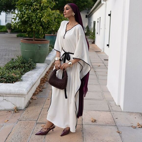 H&M TIE-BELT KAFTAN DRESS CREAM RAMADAN MODEST COLLECTION - Picture 4 of 7